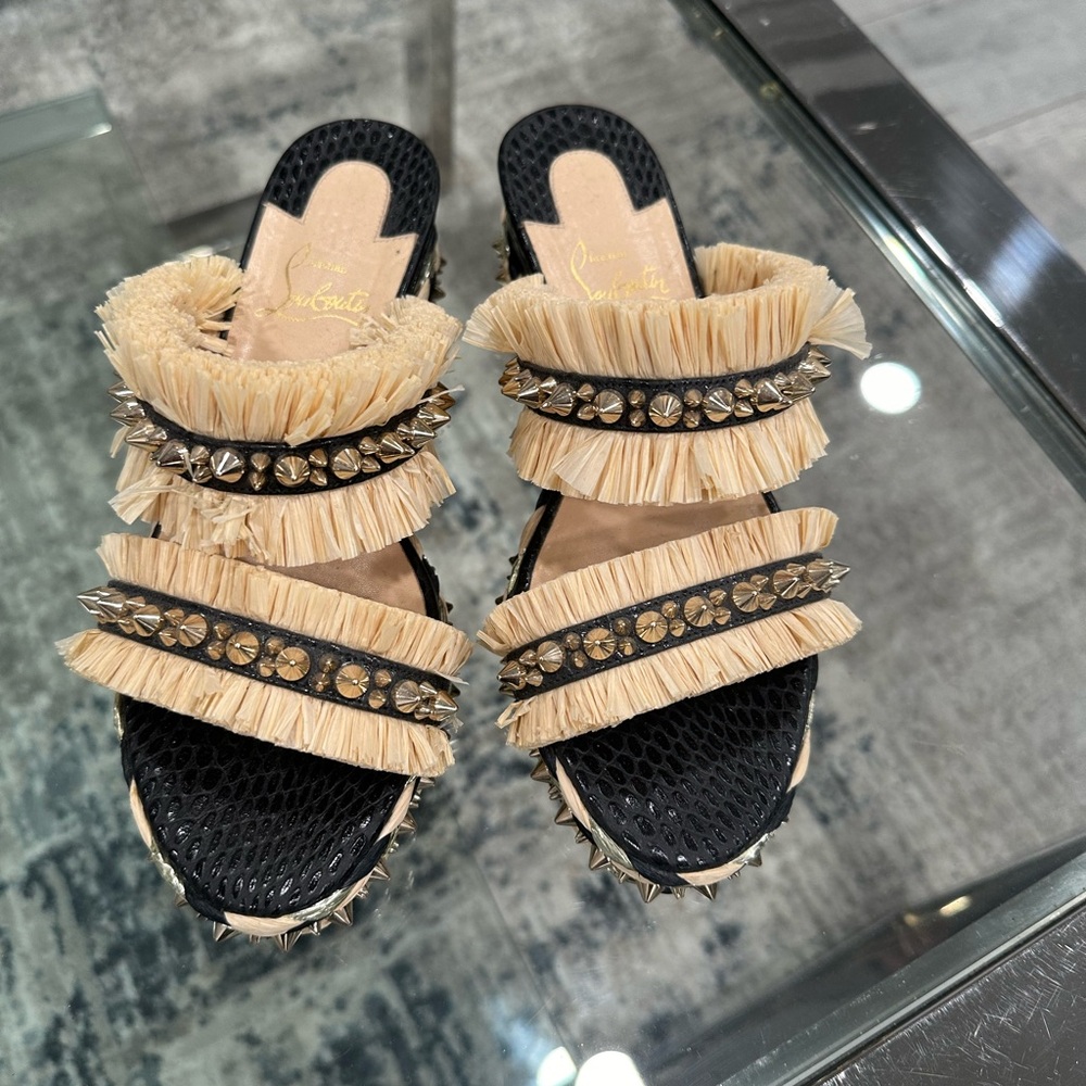 Christian Louboutin Black and Beige Raffia Studded Slide Sandals